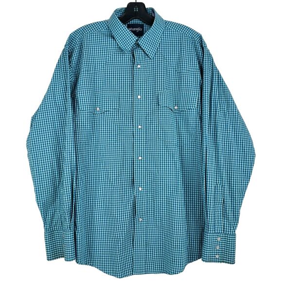 Vintage WRANGLER Shirt Mens Large Blue Shepard Check Plaid Pearl Snap Western - Picture 1 of 7